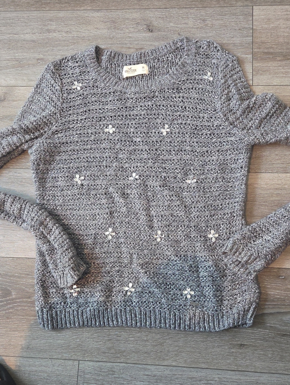 Hollister Gray Open-Weave Embellished Crewneck Sweater